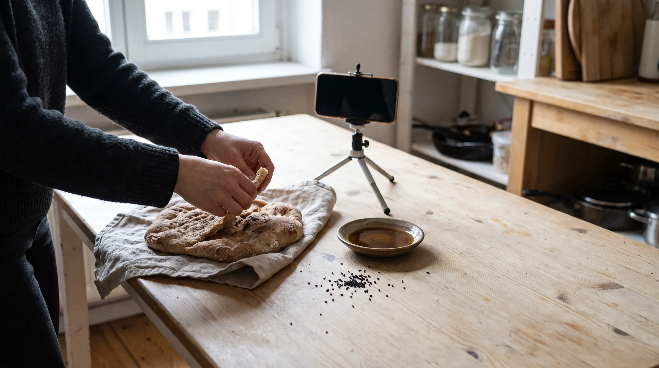 Hände zupfen Fladenbrot am Küchentisch, daneben ein Schälchen Öl, Schwarzkümmelsamen und ein Smartphone auf Stativ