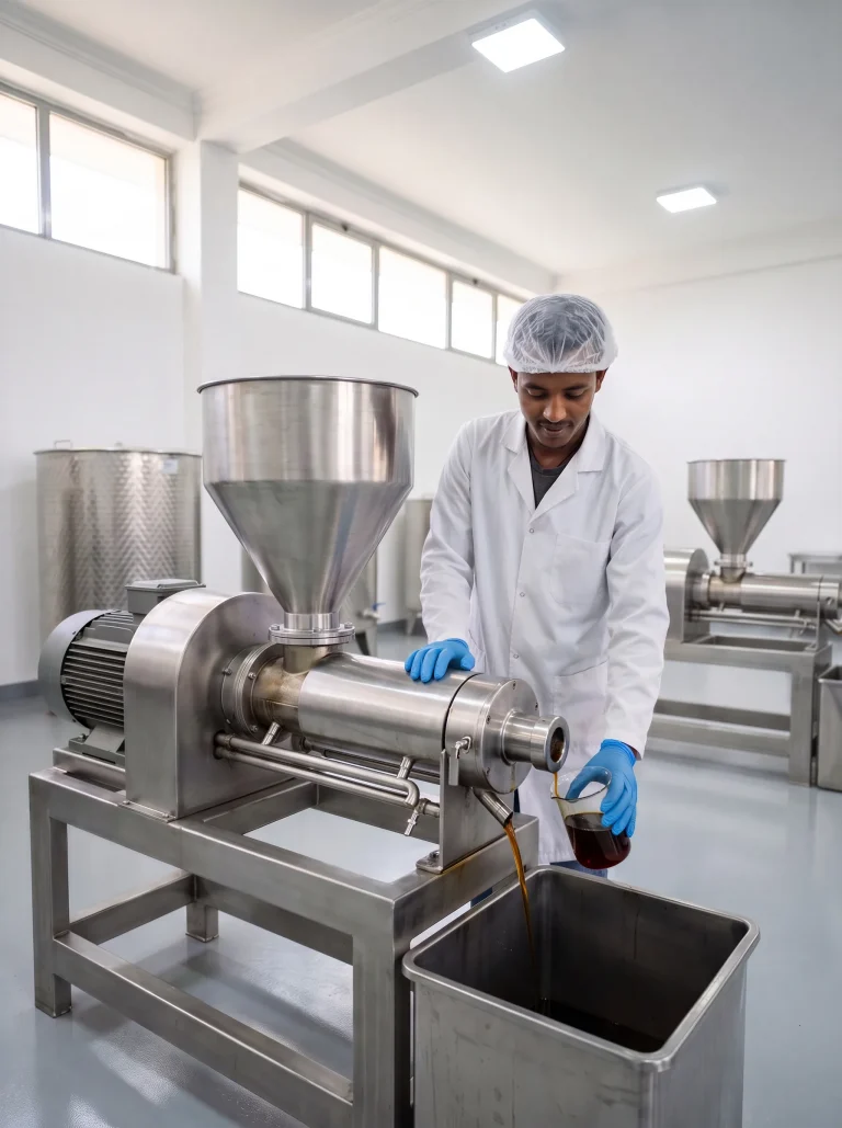 Moderne Ölpresse aus Edelstahl in einer Produktionshalle, frisch gepresstes Öl läuft aus